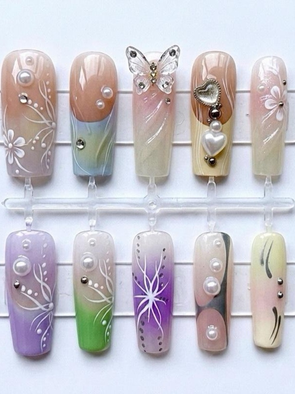 Nude Pastel Ombre Press-On Nails with Pearl & Butterfly Accents